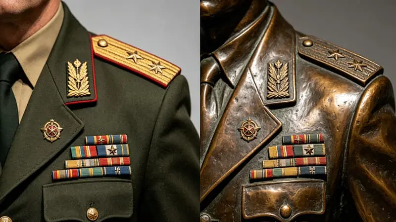 Veteran half-body bronze statue restoring real military uniform, epaulet rank and medal details precisely