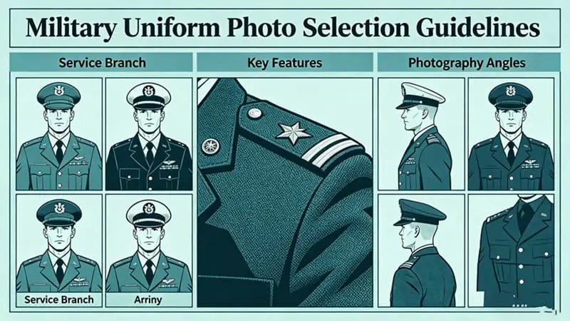 Visual guide for selecting high-quality military uniform photos to ensure accurate details and likeness for custom veteran bronze statues