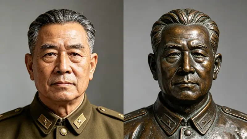 Side-by-side comparison photo of an Asian veteran in uniform and his custom bronze bust, showing precise recreation of hairstyle, facial features, and resolute military demeanor