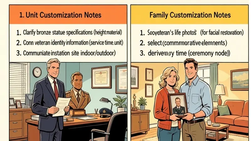 Custom veteran bronze statue key notes illustration, showing the difference between family and institutional customization considerations
