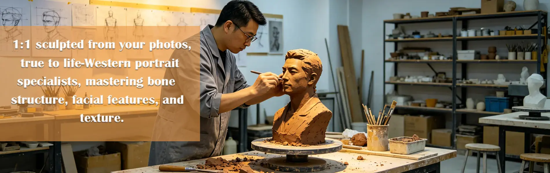 A master sculptor refining a lifelike clay bust of a Western portrait in a professional studio, showcasing our expertise in 1:1 custom bronze sculpture based on photos, with precise attention to bone structure, facial features, and texture.