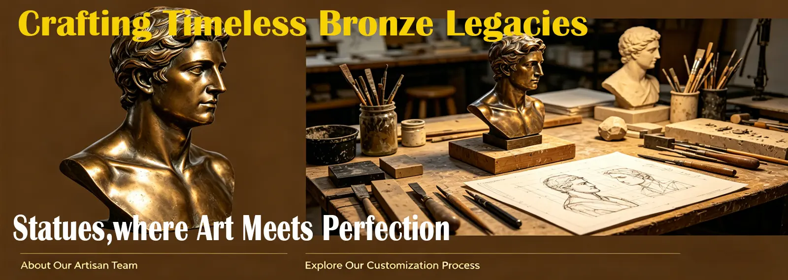 Custom half-body bronze statue banner: handcrafted bronze bust creation process in the studio, featuring sculpting tools, sketches, and finished memorial bronze artworks