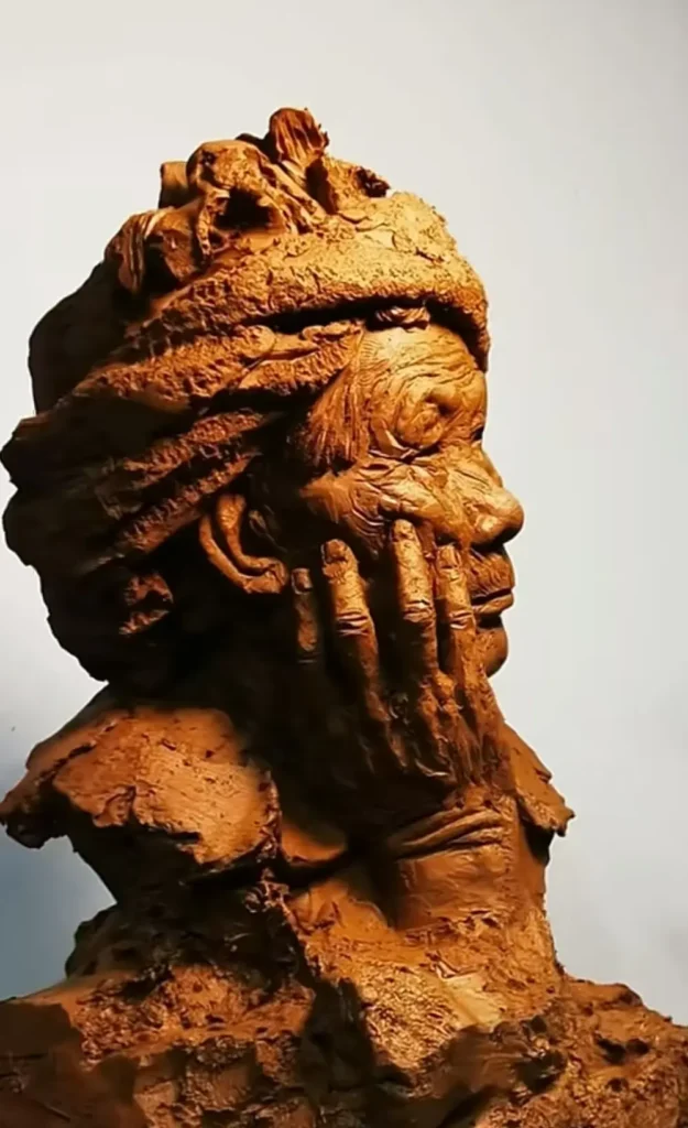Side profile of the hand-sculpted clay portrait, showcasing the intricate texture of the headscarf, the natural curve of the hand, and the lifelike ear details