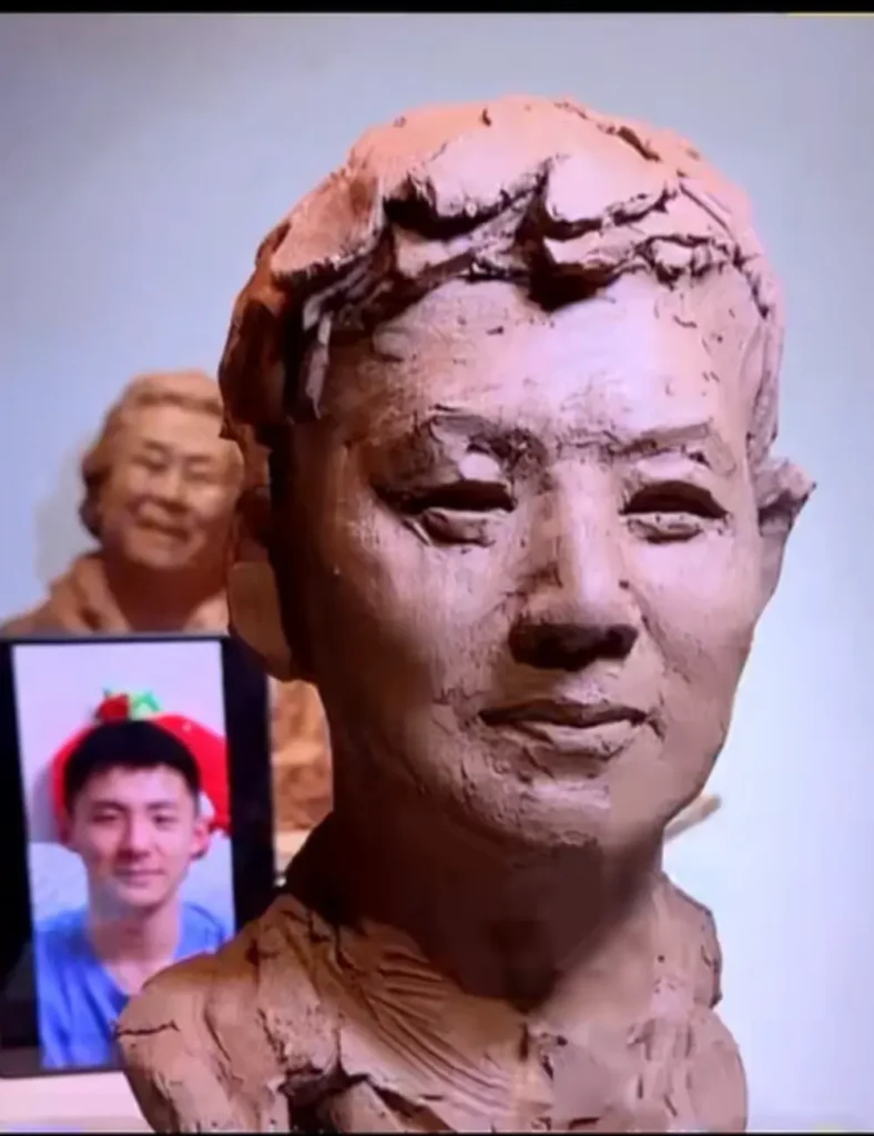 The custom memorial bronze bust for a young adult in progress, paired with his original reference photo, highlighting the sculptor’s work to capture his likeness and spirit.