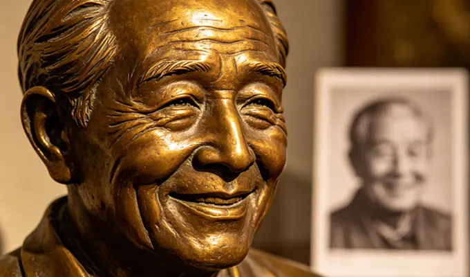 Warm family elder bronze bust placed on a home bookshelf, restoring the elder's gentle demeanor