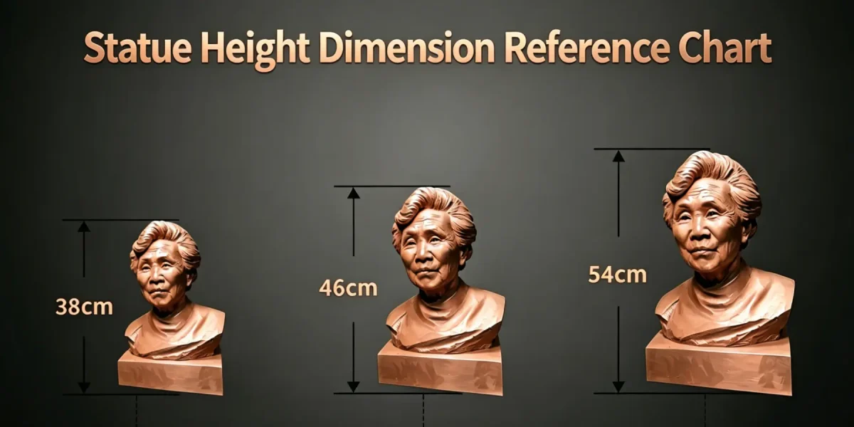 Custom bronze bust statue height dimension reference chart showing 38cm, 46cm, and 54cm sizes of a realistic elderly woman portrait sculpture, perfect for personalized memorial and commemorative statues.