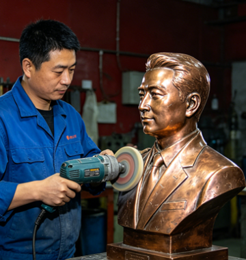 Hand polishing process of brass statue, craftsman carefully polishes the surface of the bronze statue to make the contours clearer and the texture more delicate
